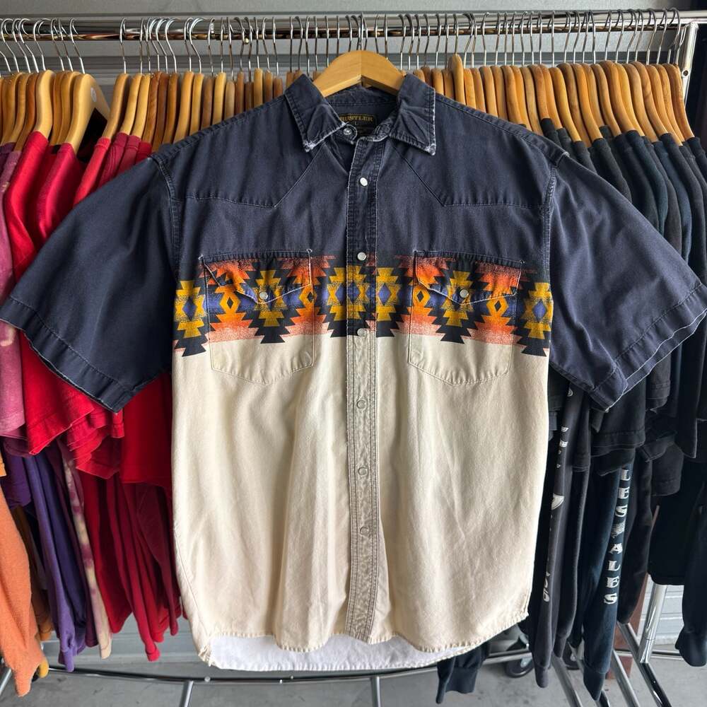 Vintage Rustler Wrangler Aztec Navajo Short Sleeve Western Pearl Snap Shirt